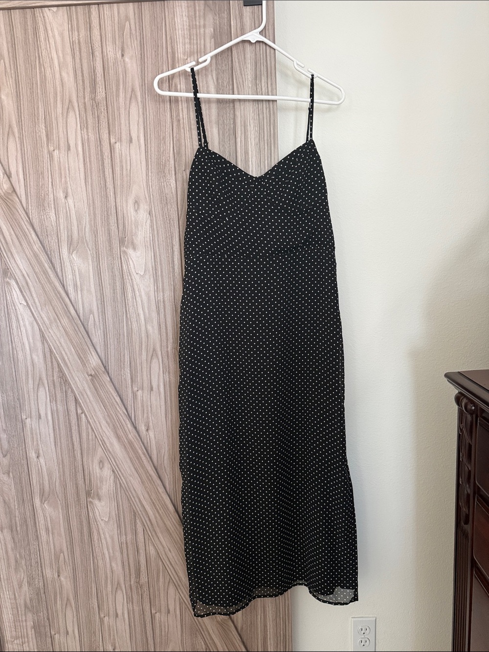 Polka Dot Black Maxi Slip Dress with Spaghetti Straps